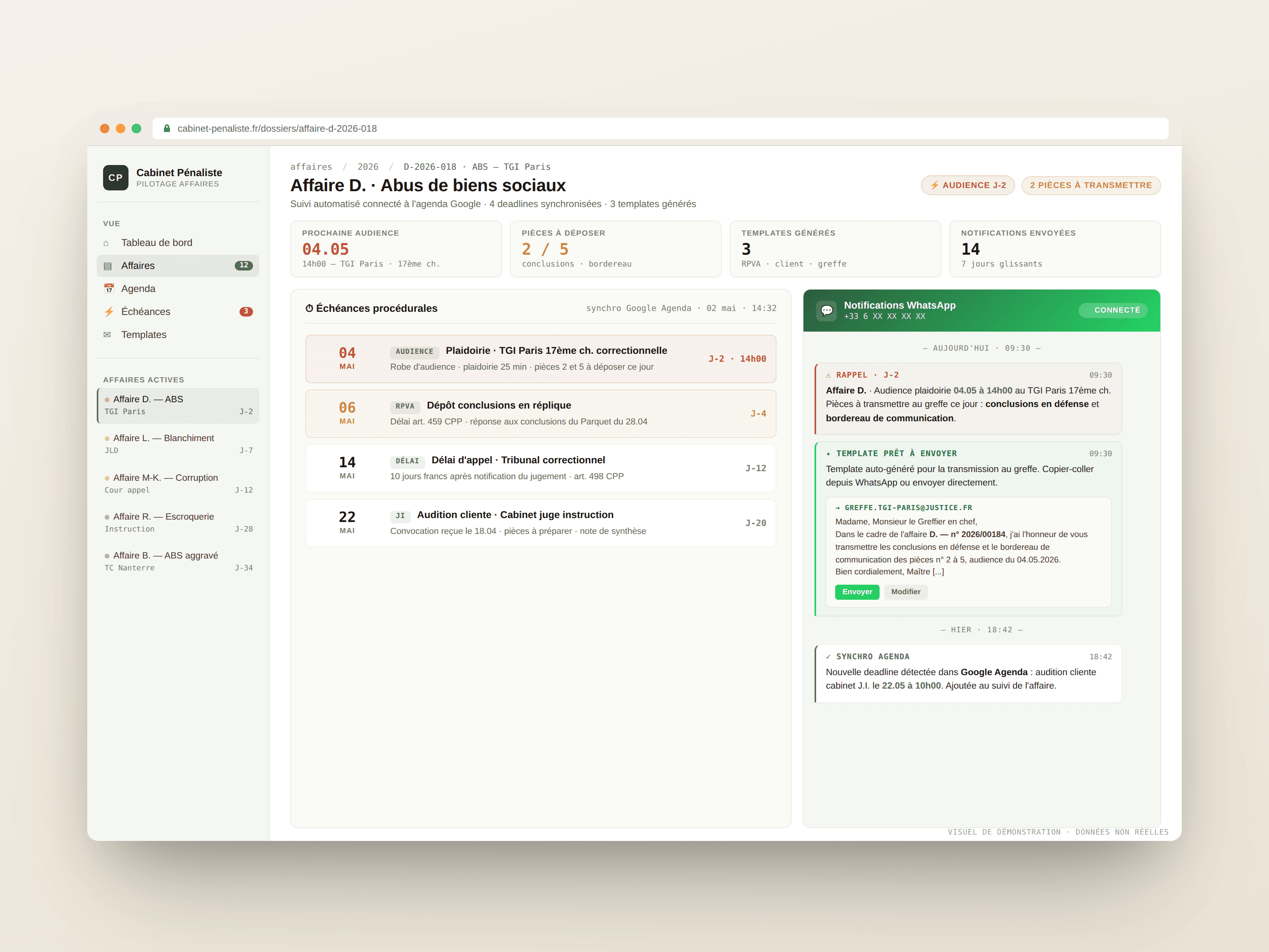 Aperçu du dashboard avocat pénaliste.